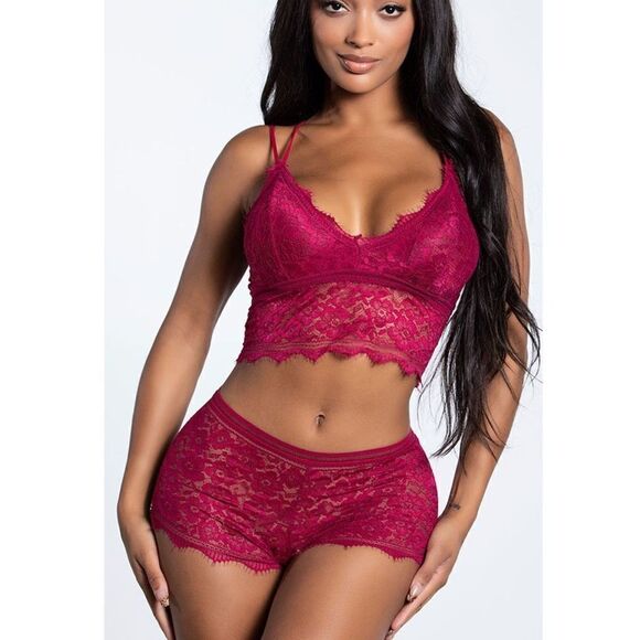 NWOT Yandy Lace Boy Shorts & Bralette Cami Raspberry Pink Size Small Set‎ - Picture 1 of 7